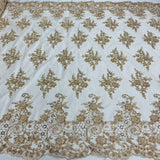 1 Yard Royal Blue Corded Lace Fabric with Hand-Embroidered Beading on Mesh 53 inch Width