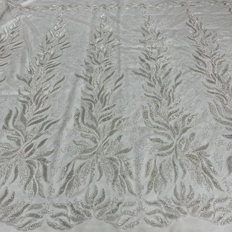 1 Yard Beaded & Corded Bridal Lace Fabric, 58" Wide Embroidered Polyester Net Mesh for Wedding, Evening & Quinceañera Dresses