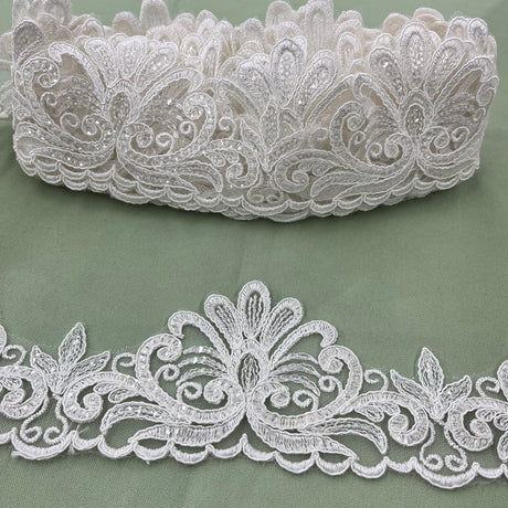 1 Yard Premium Beaded & Corded Floral Lace Trimming on 100% Polyester Net Mesh for Dresses 3.5 Inch Width