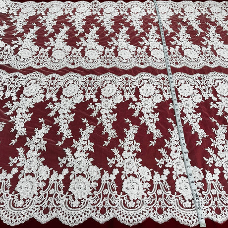 1 Yard Ivory with Silver Corded Bridal Lace Fabric Embroidered on Polyester Net Mesh 50 inch Width