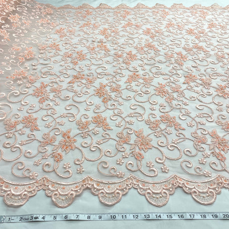 1 Yard Lime Green Beaded & Corded Bridal Lace Fabric Embroidered on Polyester Net Mesh 54 Inch Width