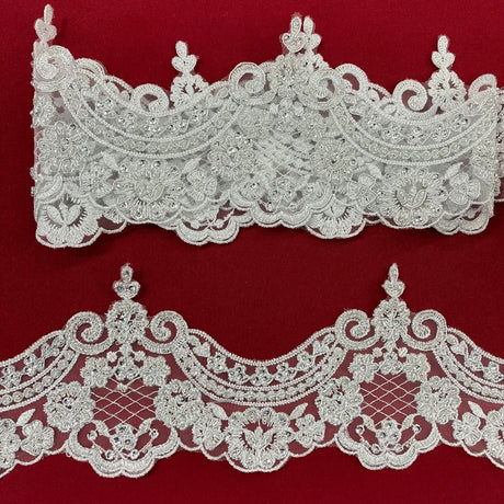 1 Yard 5? Wide Beaded & Corded Lace Trimming Embroidered on 100% Polyester Net Mesh