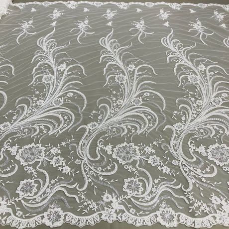 1 Yard Exquisite White Hand-Beaded Corded Bridal Lace Fabric on Net Mesh 52 inch Width