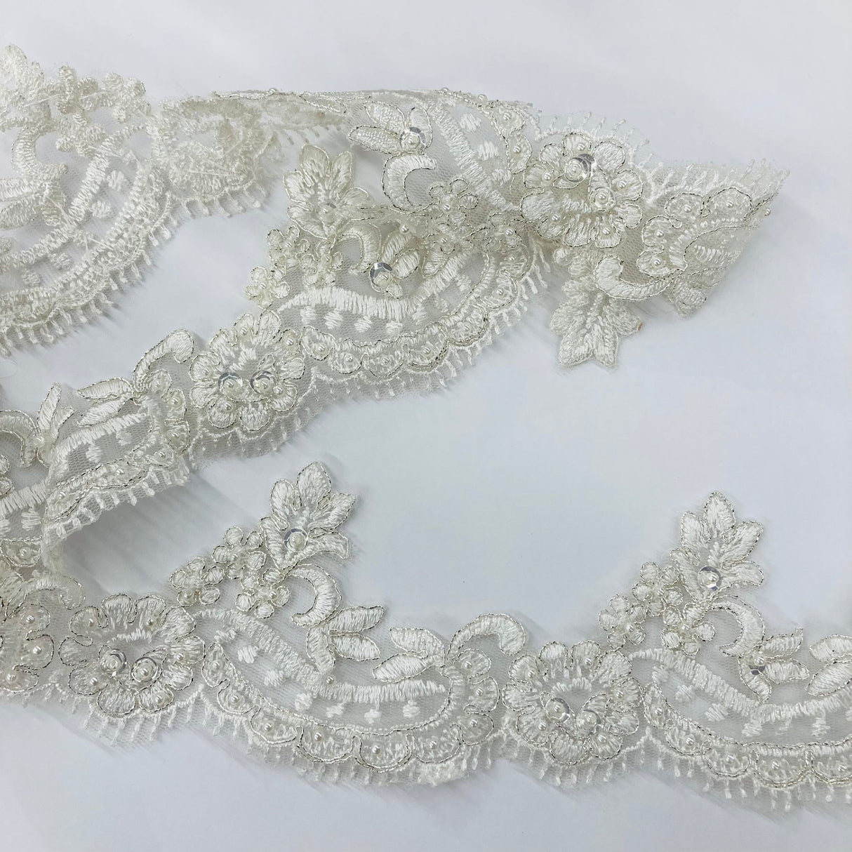 1 Yard Beaded & Corded Lace Trimming on Net Mesh – 3" Wide | Embroidered Decorative Lace for Dresses & Costumes