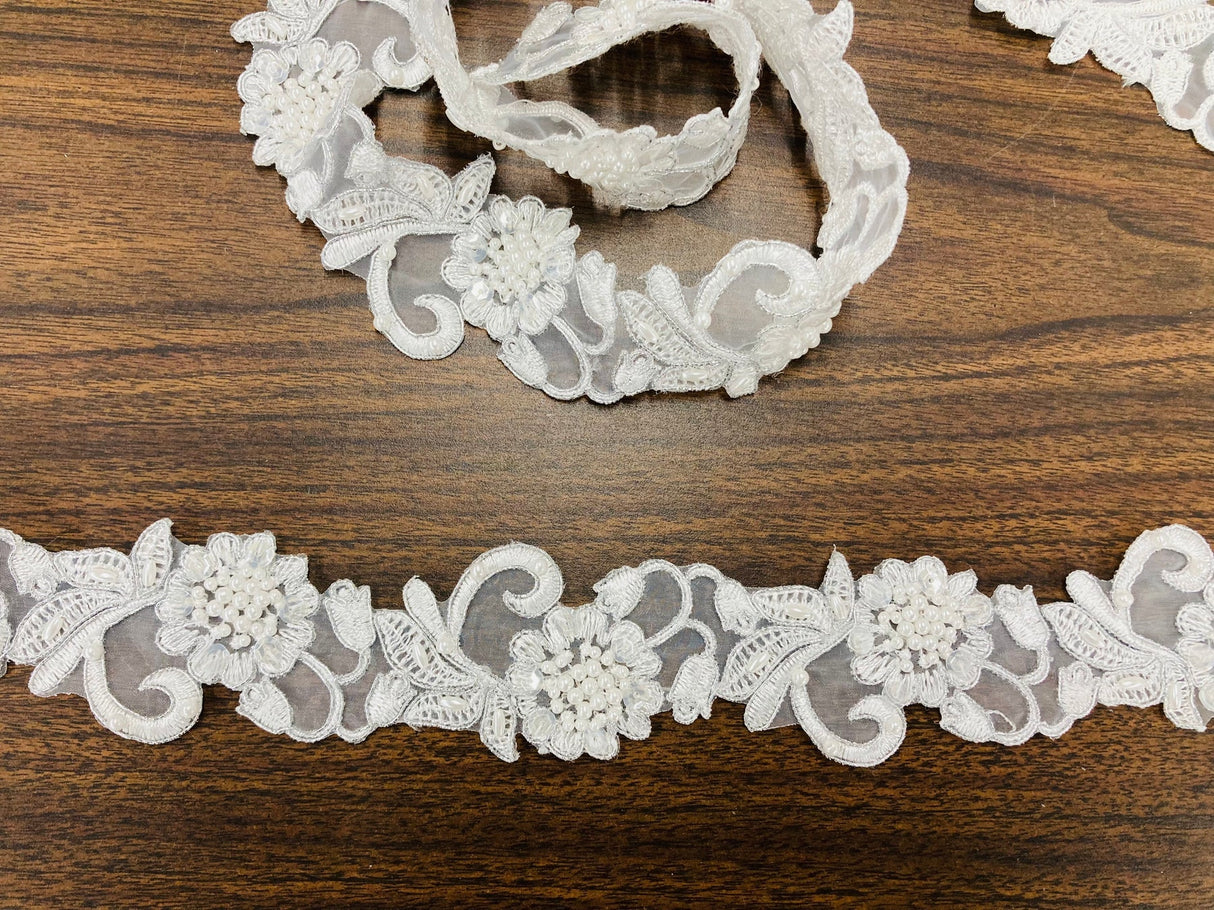 1 Yard Handmade Beaded & Corded Lace Trimming Embroidered on Polyester Organza 2 Inch Width