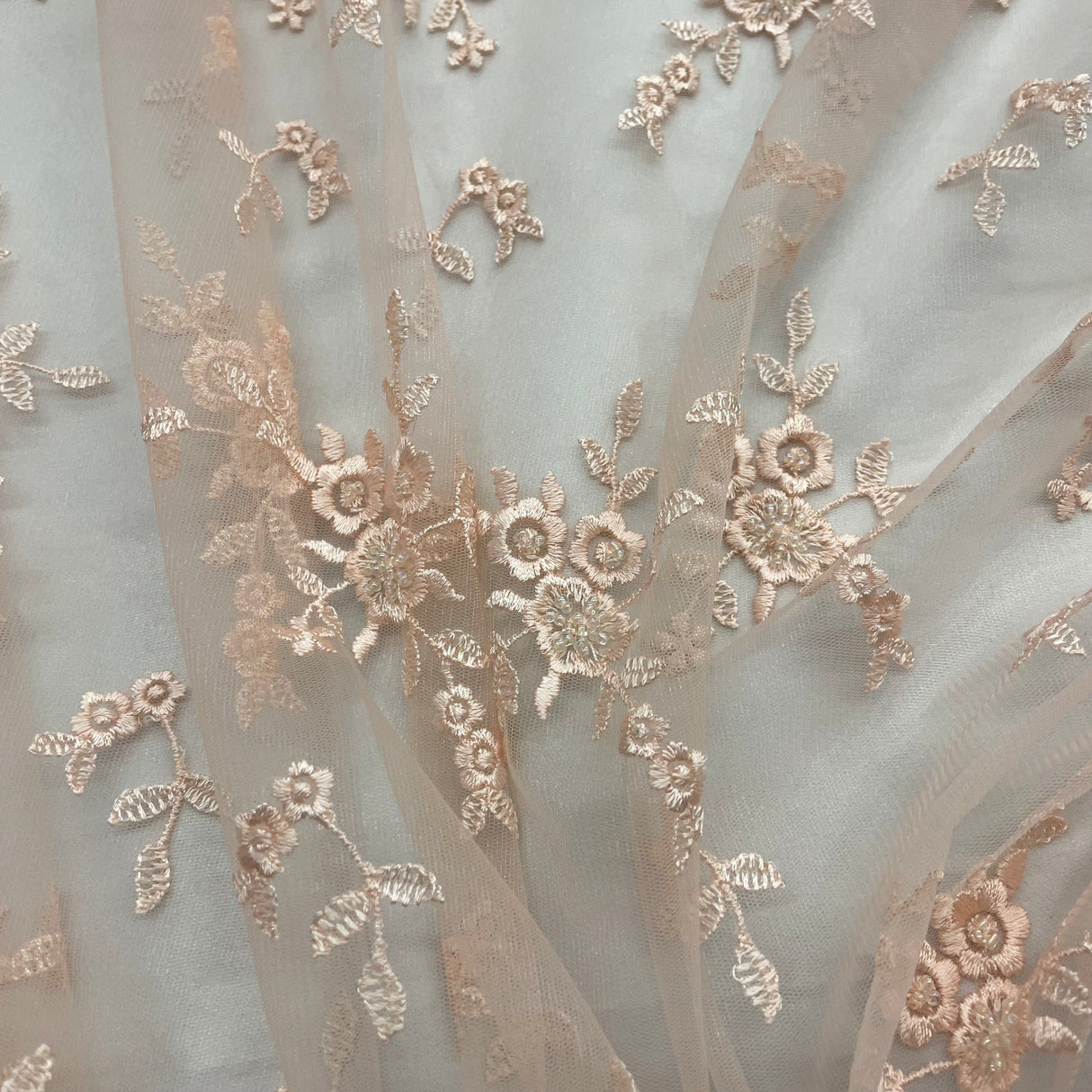 1 Yard Peach Beaded Lace Fabric Embroidered Polyester Net Mesh 53 Inch Width