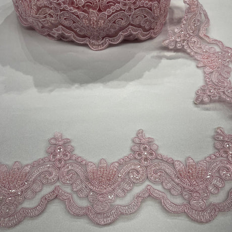 1 Yard Luxurious Beaded & Corded Lace Trimming Embroidered on 100% Polyester Net Mesh for Special Occasion Dresses 3 Inch Width