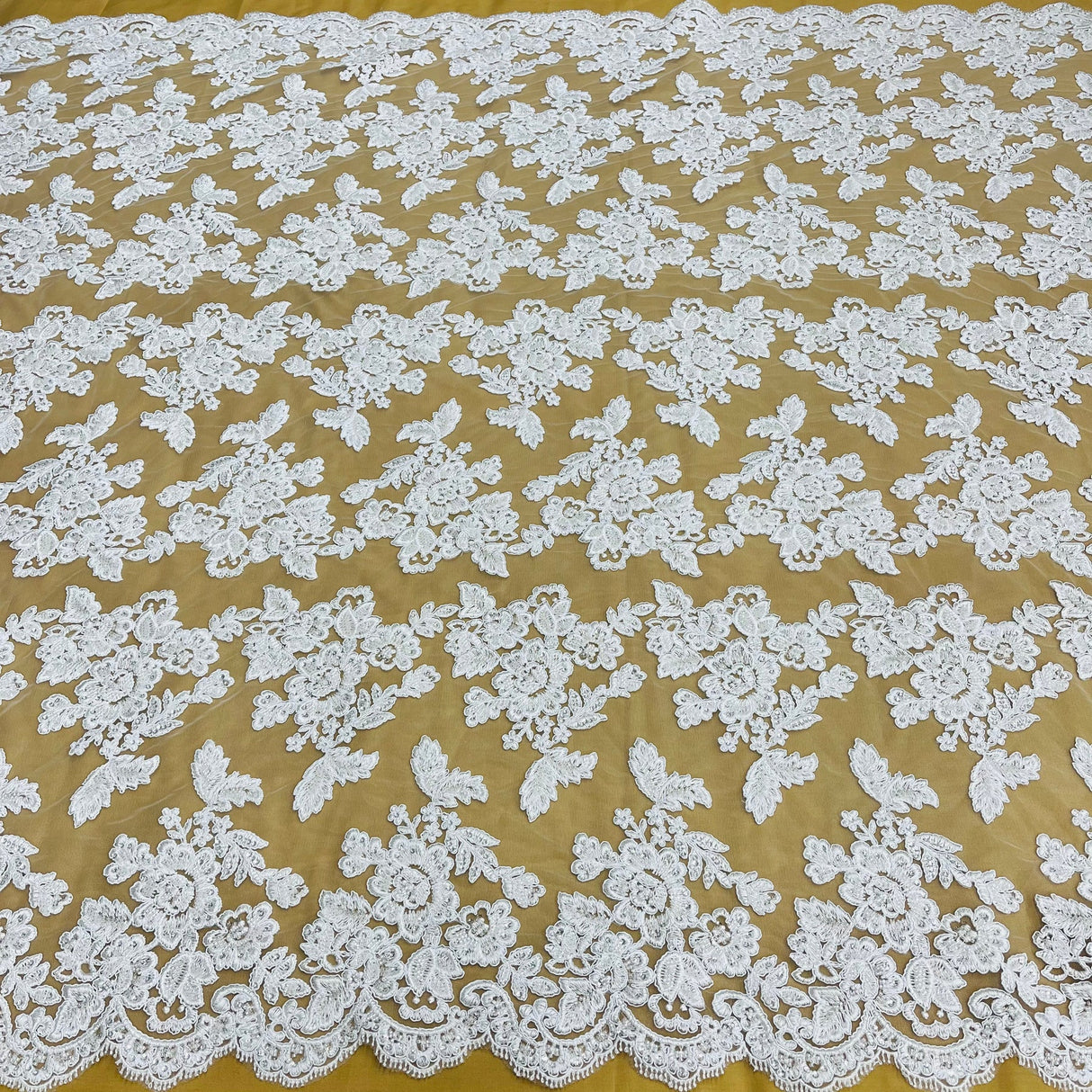 1 Yard Beaded & Corded Embroidered Bridal Lace Fabric, 100% Polyester Net Mesh, 52-54 inch Wide,