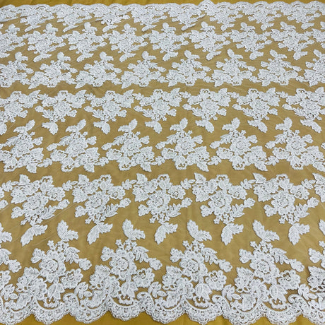 1 Yard Beaded & Corded Embroidered Bridal Lace Fabric, 100% Polyester Net Mesh, 52-54 inch Wide,