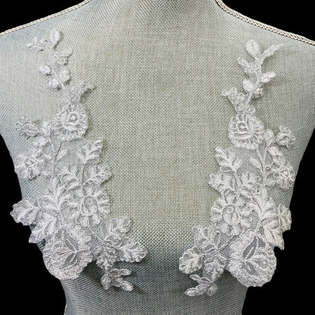 1 Pair Corded Floral Applique for Baptism, Christening, Communion Gowns 9" x 3" Each Side