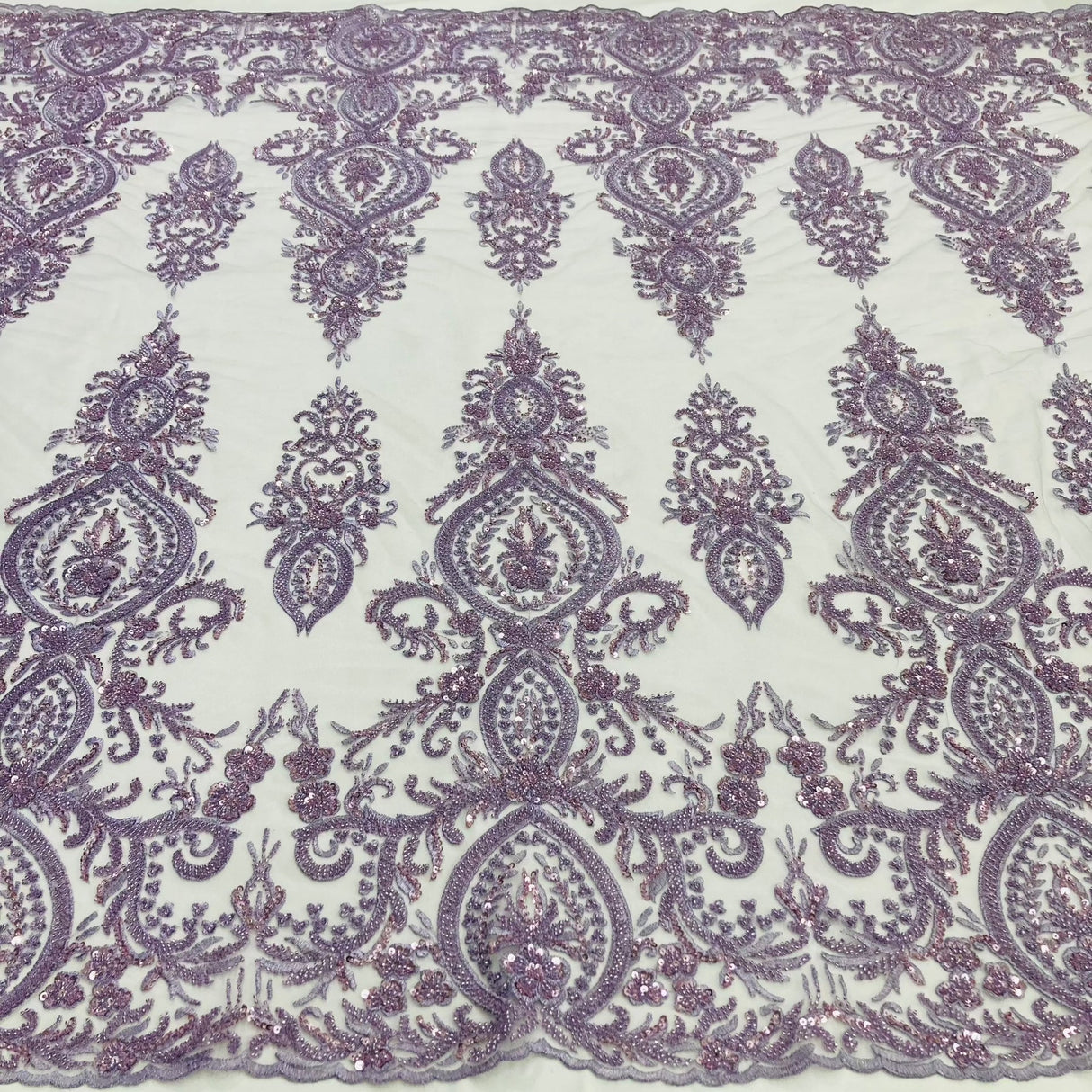 1 Yard Beaded Lace Fabric on Polyester Net Mesh, Light Coral, Embroidered Lace, 48" Wide