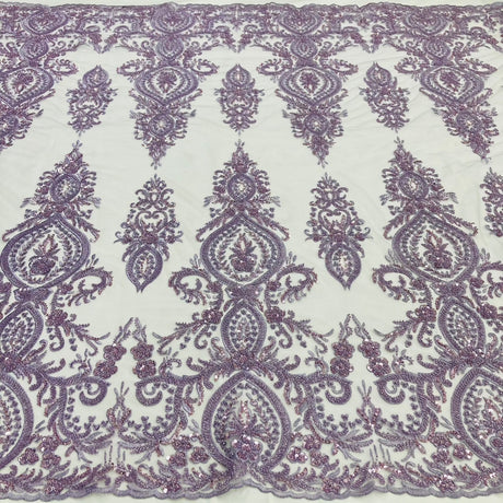 1 Yard Beaded Lace Fabric on Polyester Net Mesh, Light Coral, Embroidered Lace, 48" Wide