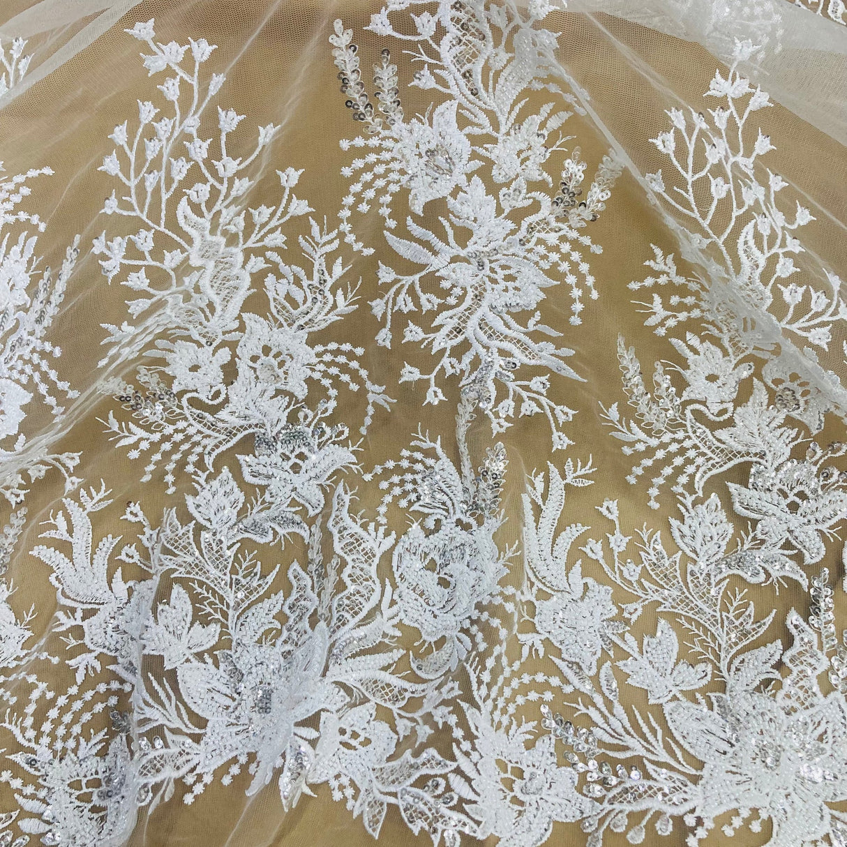 1 Yard Beaded Lace Fabric Embroidered on Polyester Net Mesh, Gold, 52" Width, Premium Lace Fabric for Dresses & Crafts