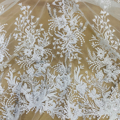 1 Yard Beaded Lace Fabric Embroidered on Polyester Net Mesh, Gold, 52" Width, Premium Lace Fabric for Dresses & Crafts