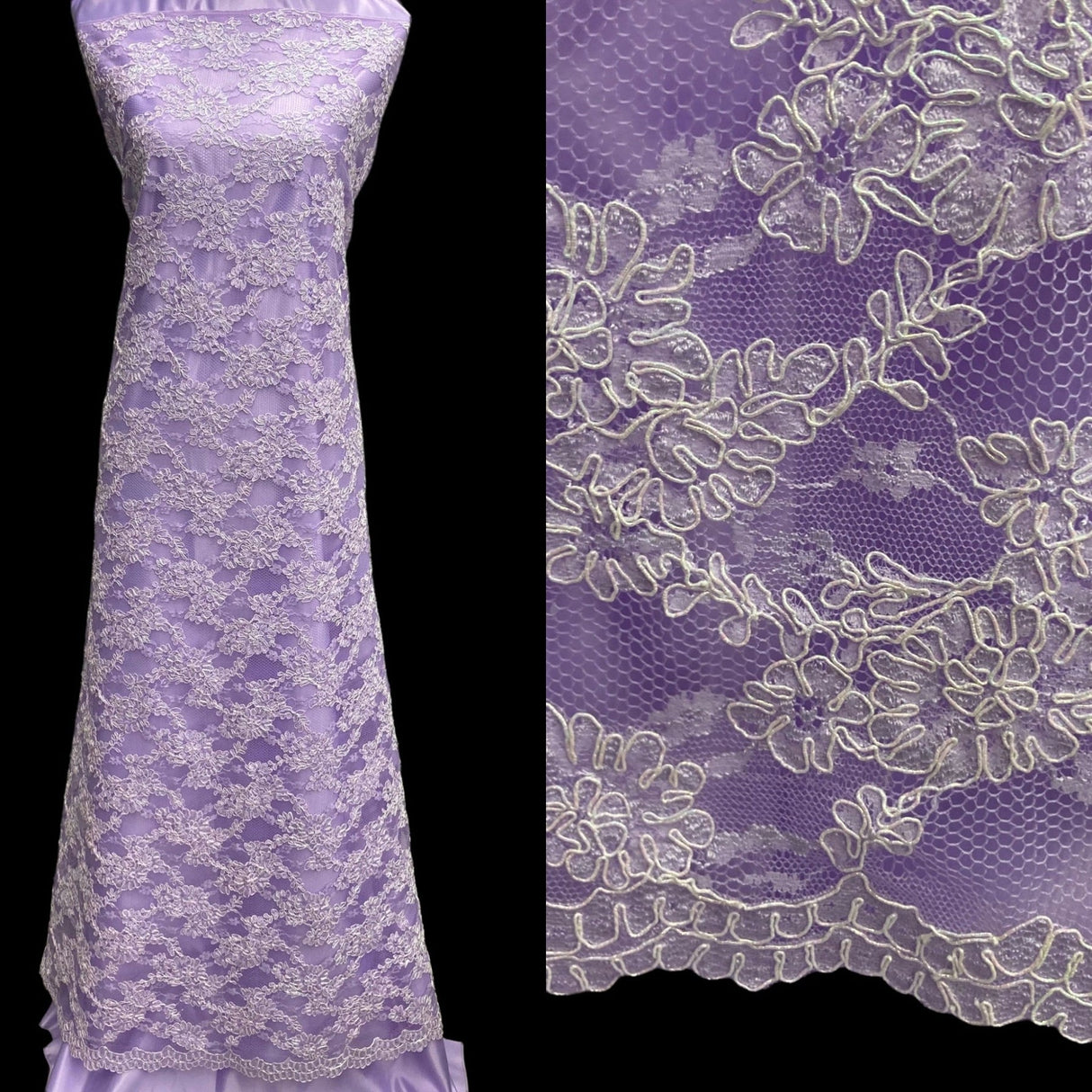 1 Yard Corded Bridal Lace Fabric Embroidered on Net Mesh 54" Width