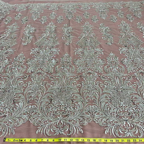 1 Yard Beaded Lace Fabric Embroidered on Polyester Net Mesh, 60" Wide Bridal & Evening Fabric