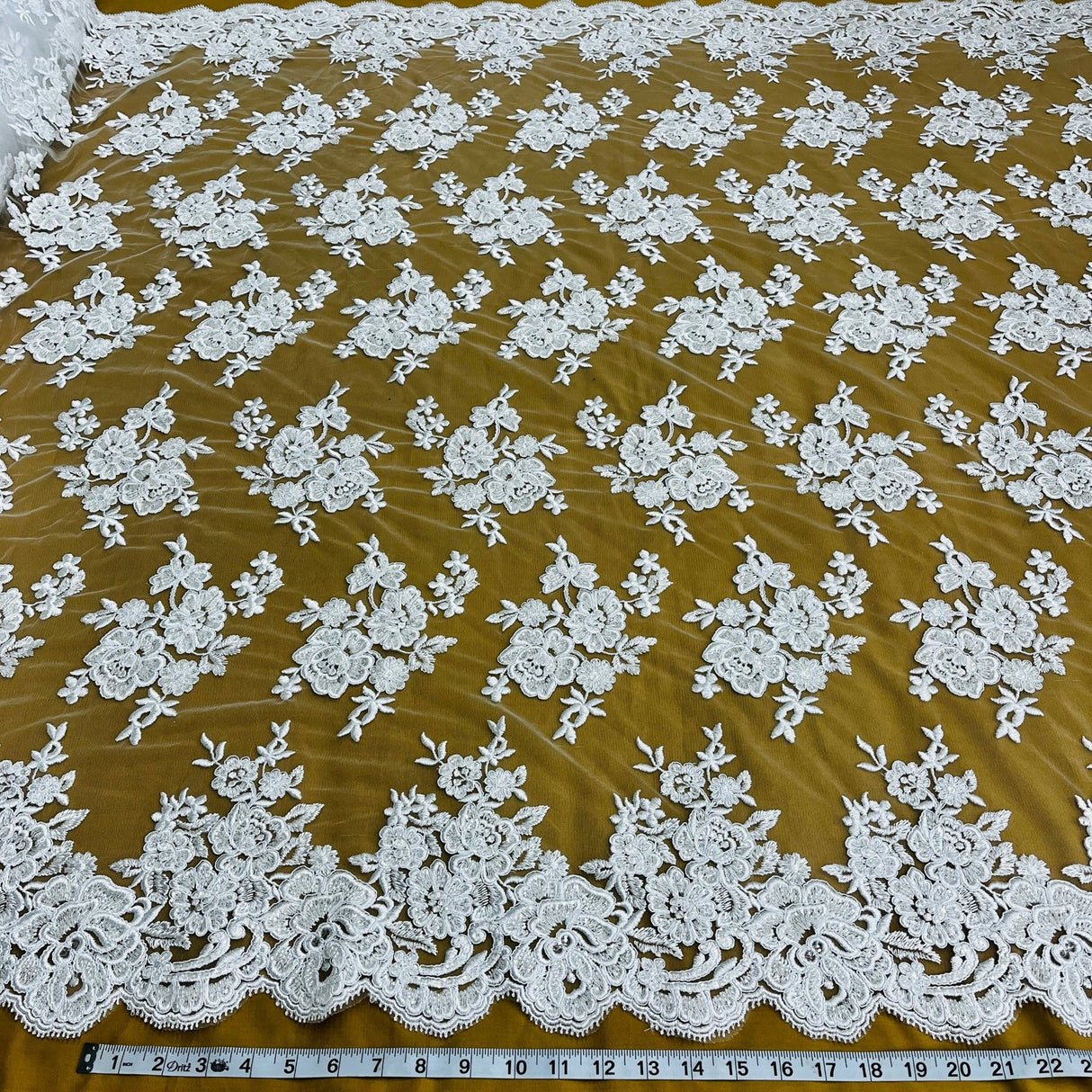 1 Yard Exquisite Ivory Silver Beaded Corded Bridal Lace Fabric on Net Mesh 51 inch Width