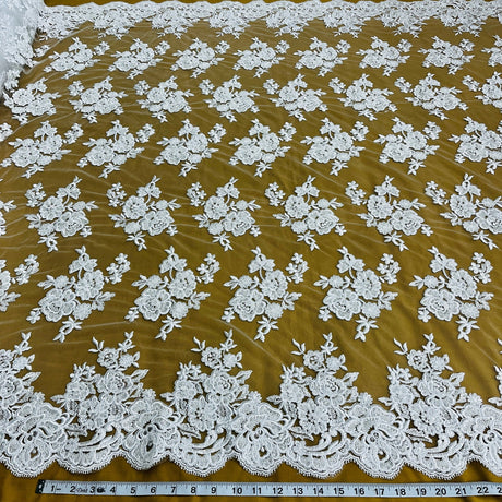 1 Yard Exquisite Ivory Silver Beaded Corded Bridal Lace Fabric on Net Mesh 51 inch Width
