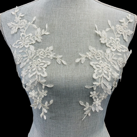 1 Pair Corded Floral Applique for Wedding, Christening & Flower Girl Dresses 13" x 6" Each Side