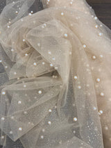 1 Yard Hunter Green Glitter Mesh Fabric with Scattered Pearls Stretch Soft Sparkle Net 60 Inch Width