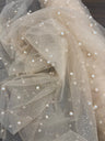 1 Yard Hunter Green Glitter Mesh Fabric with Scattered Pearls Stretch Soft Sparkle Net 60 Inch Width