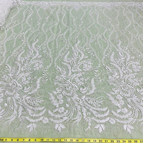 1 Yard Beaded Lace Fabric Hand-Embroidered with Pearls & Sequins on Polyester Net Mesh for Bridal, Evening & Couture Wear 56" Wide