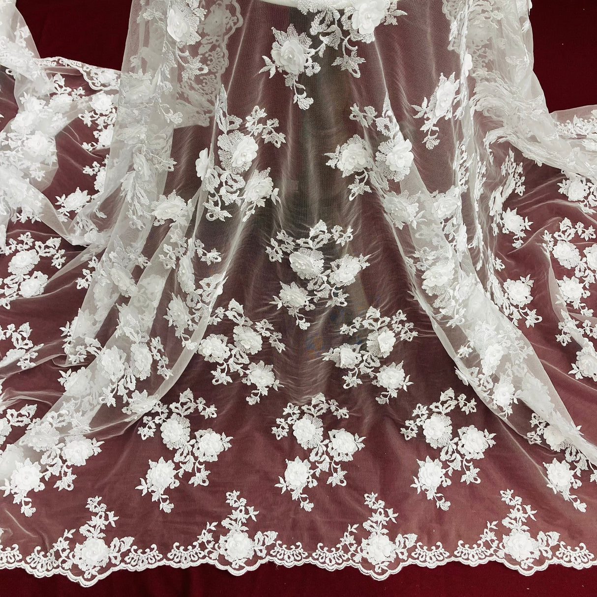 1 Yard White Beaded 3D Floral Lace Fabric Embroidered Elegant Mesh Dress 51" Width