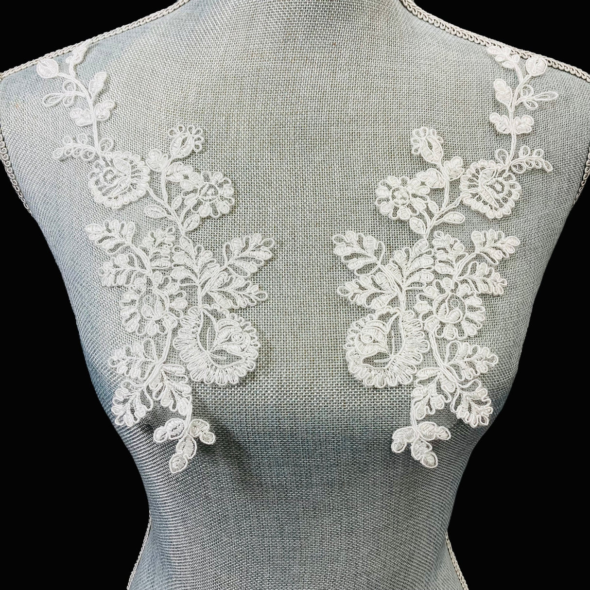 1 Pair Corded Floral Applique for Baptism, Christening, Communion Gowns 9" x 3" Each Side