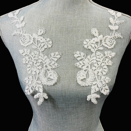 1 Pair Corded Floral Applique for Baptism, Christening, Communion Gowns 9" x 3" Each Side
