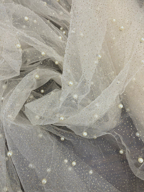 1 Yard Hunter Green Glitter Mesh Fabric with Scattered Pearls Stretch Soft Sparkle Net 60 Inch Width