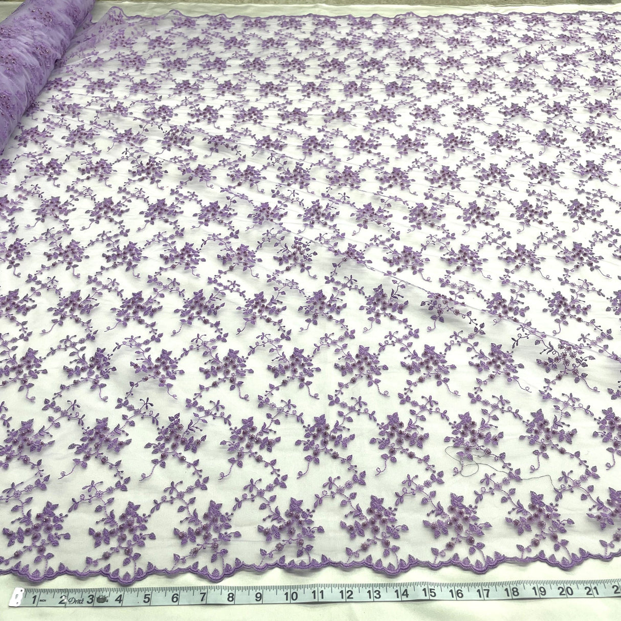 1 Yard Fuchsia Beaded Lace Fabric Embroidered on Polyester Net Mesh 53 Inch Width