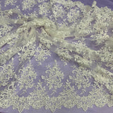 1 Yard Gold Beaded Corded Bridal Lace Fabric Embroidered on Polyester Net Mesh 54 inch Width