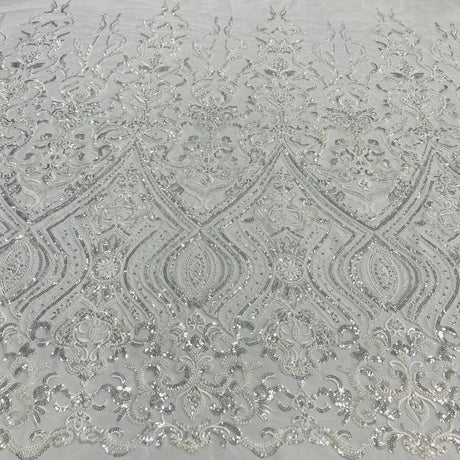 1 Yard Beaded Lace with Sequins & Pearls 52? Wide Embroidered Polyester Net Mesh for Bridal & Formal Gowns