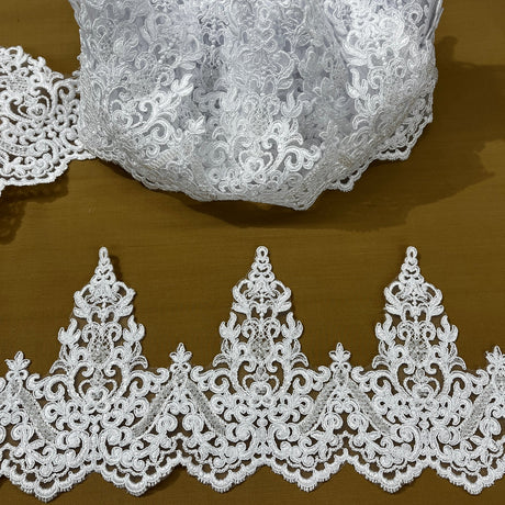 1 Yard Embroidered on 100% Polyester Organza 6? Wide Beaded & Corded Lace Trimming