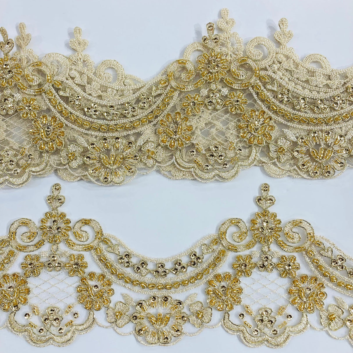 1 Yard 5? Wide Beaded & Corded Lace Trimming Embroidered on 100% Polyester Net Mesh