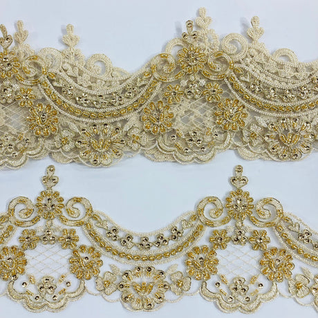 1 Yard 5? Wide Beaded & Corded Lace Trimming Embroidered on 100% Polyester Net Mesh