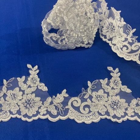 1 Yard 4? Wide Beaded & Corded Lace Trimming Embroidered on 100% Polyester Net Mesh