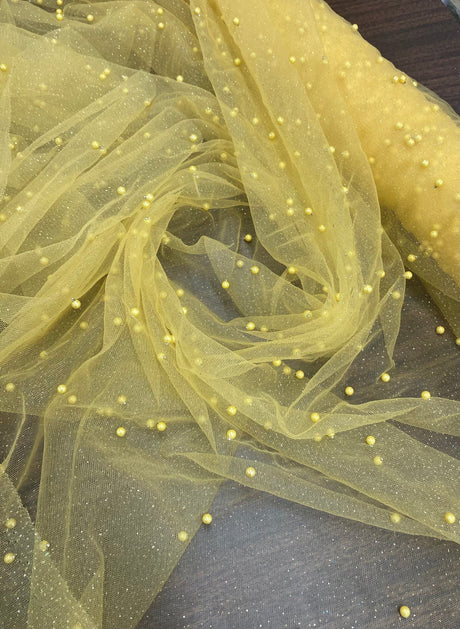 1 Yard Hunter Green Glitter Mesh Fabric with Scattered Pearls Stretch 60 Inch Width