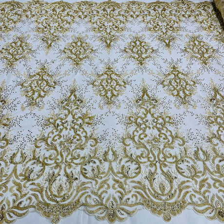 1 Yard Beaded & Corded Bridal Lace Fabric, Handcrafted Embroidered Polyester Net Mesh for Couture Wedding, Quinceanera & Evening Gowns 56" Wide