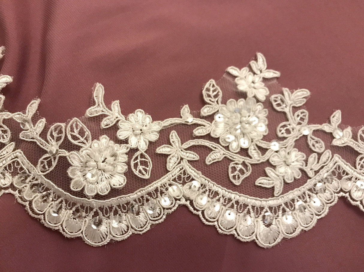 1 Yard Beaded & Corded Floral Lace Trimming 100% Polyester Net Mesh 4? Wide