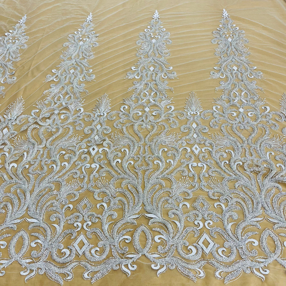 1 Yard Beaded Lace Fabric Embroidered with Fuzzy Thread & Sequins on Polyester Net Mesh for Bridal, Evening & Couture Gowns 49" Wide