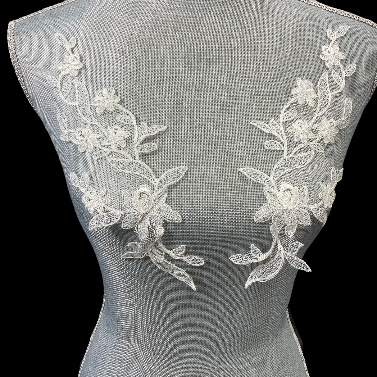 1 Pair Corded Floral Applique for Bridal, Christening & Flower Girl Dresses 11" x 3" Each Side