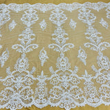 1 Yard Beaded & Corded Bridal Lace Fabric, Embroidered Mesh Net, 51” Wide, Polyester,