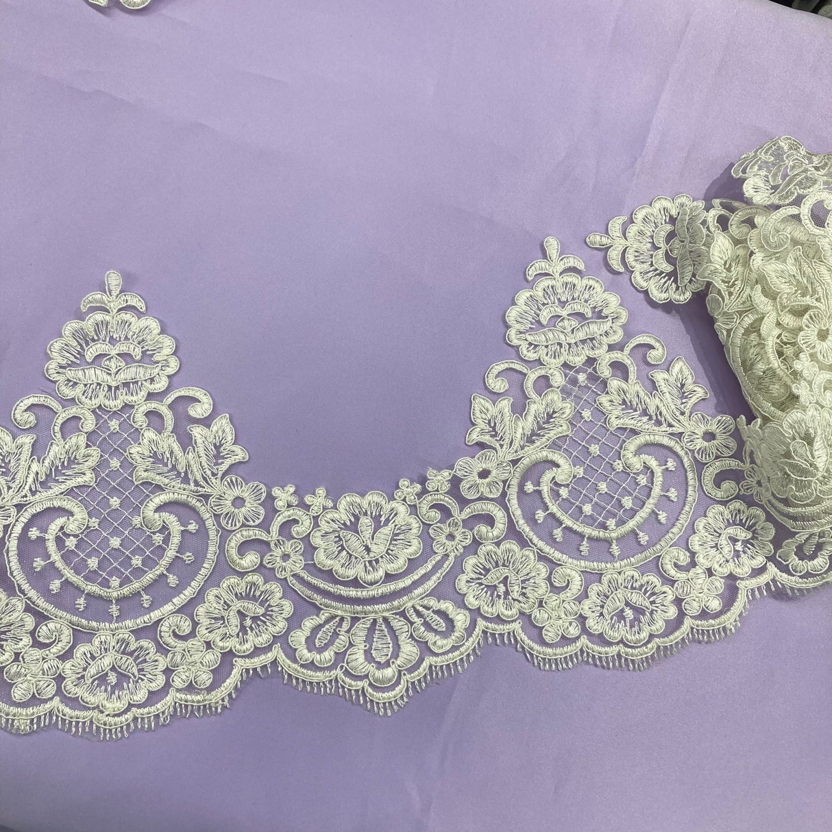 1 Yard Corded Lace Trimming Embroidered on 100% Polyester Net Mesh 8.5? Wide