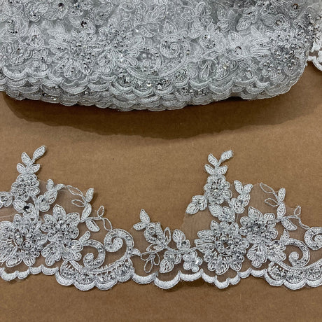 1 Yard Embroidered on 100% Polyester Organza 4.5? Wide Beaded & Corded Lace Trimming