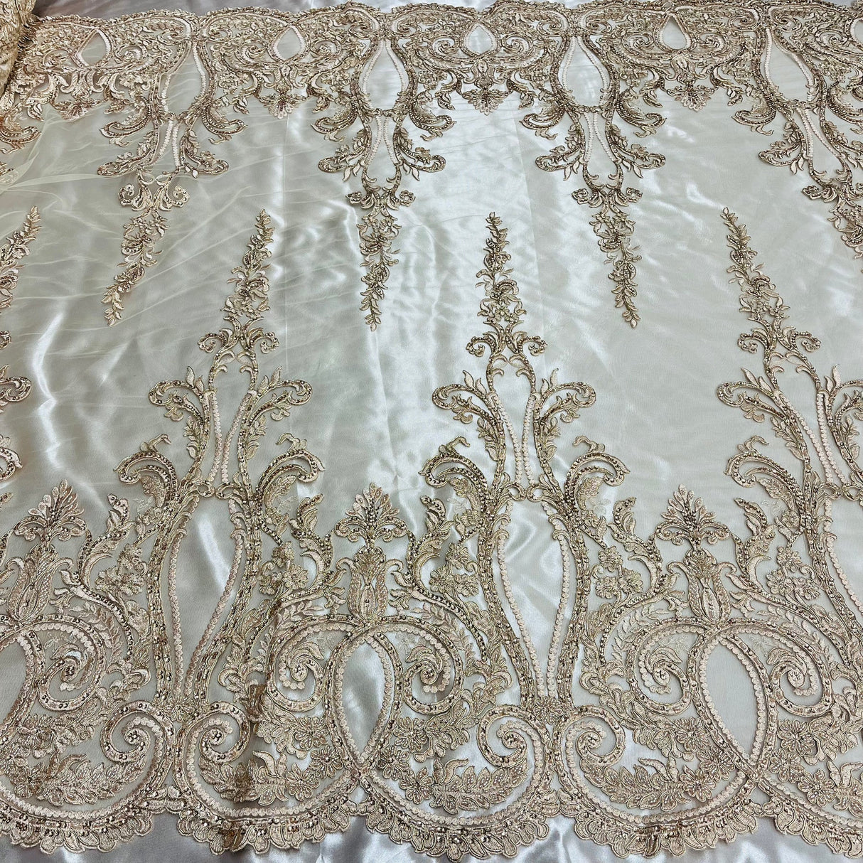 1 Yard Gold Metallic Beaded & Corded Bridal Lace Fabric, Embroidered Polyester Net Mesh, 54" Wide