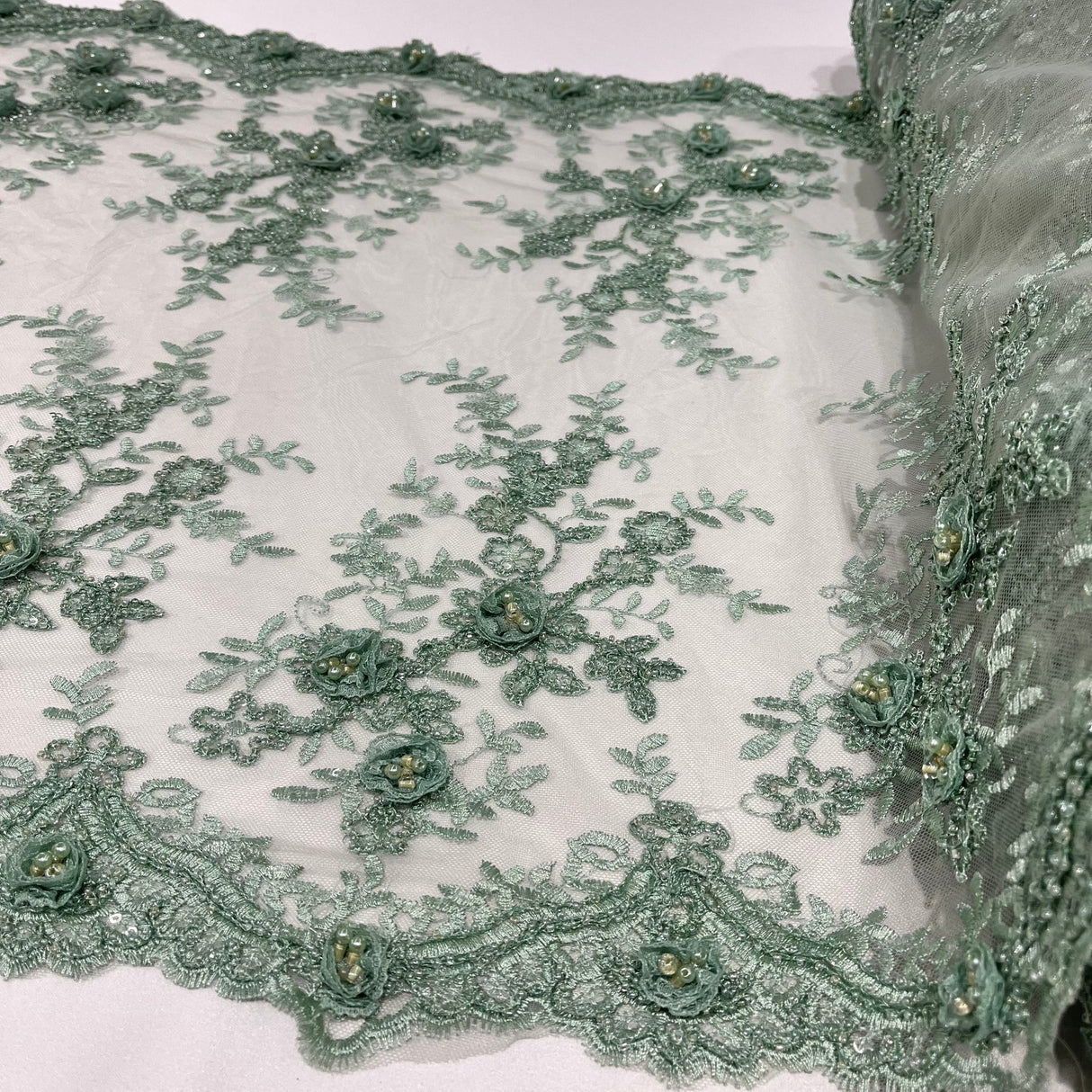 1 Yard 100% Polyester Net Mesh 21" Wide Beaded Double Sided 3D Floral Lace Trimming