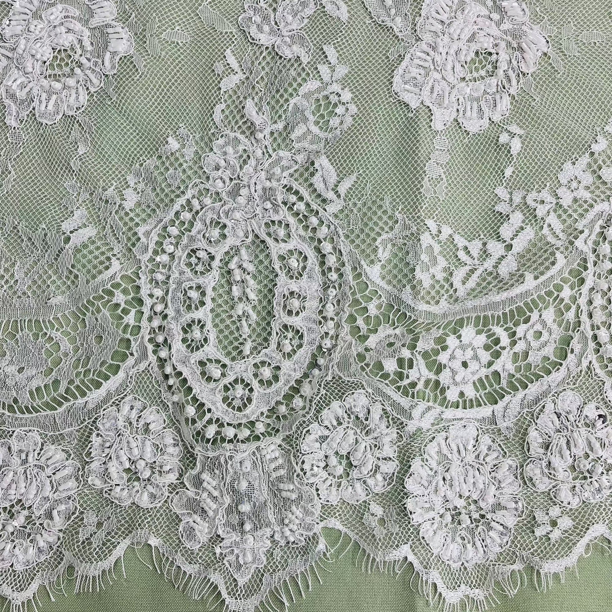 3 Yards Precut Beaded & Corded Chantilly Floral Lace Fabric Embroidered on Polyester Net Mesh 58" Wide