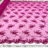 1 Yard Fuchsia Beaded Lace Fabric with Pearl Embroidery on Polyester Net Mesh 51" Wide