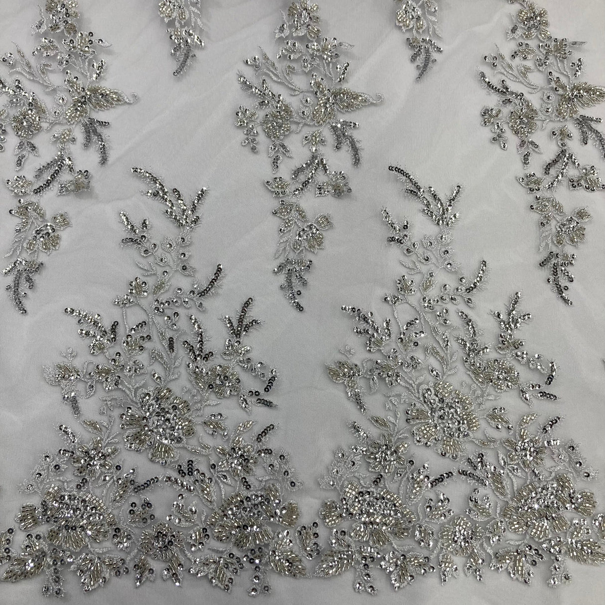 1 Yard Beaded & Sequined Embroidered Lace Fabric on Polyester Mesh, 52" Wide